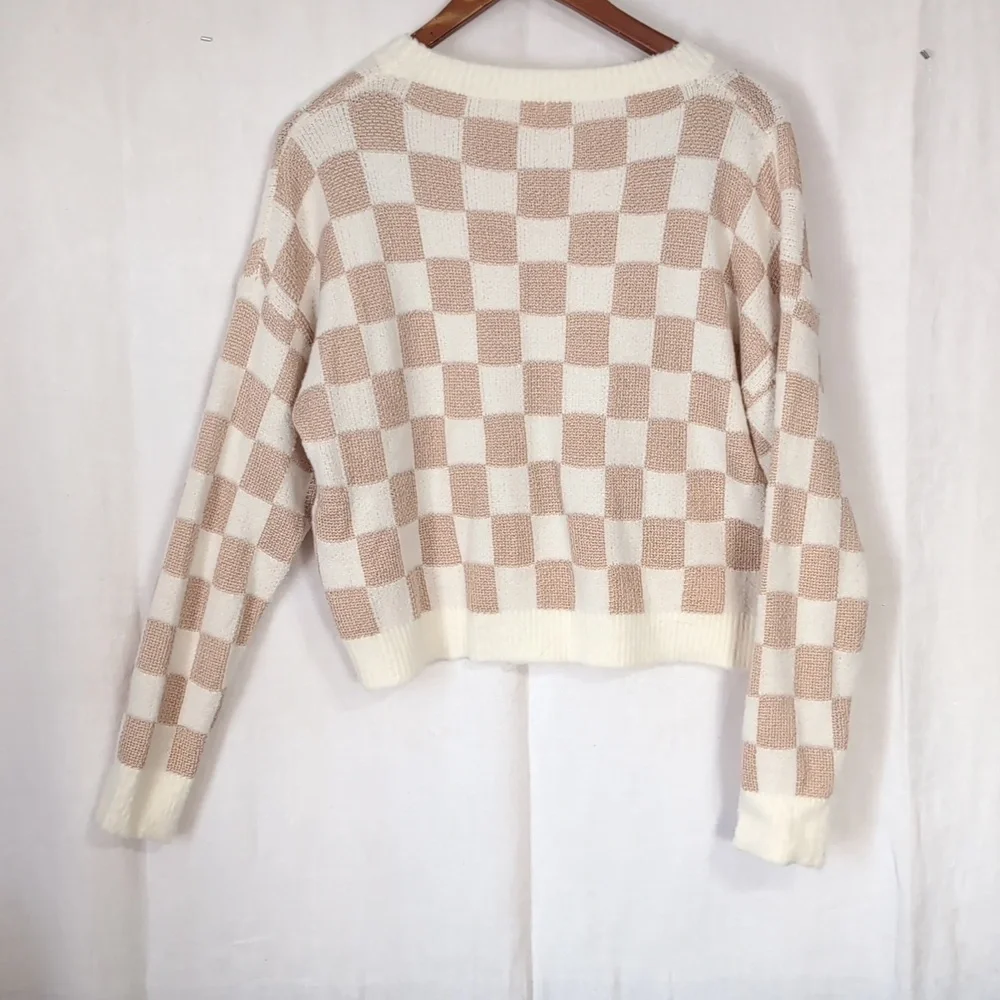 Debut Tan White Checker Print Crewneck Cropped Sweater Oversized Size Small - Picture 4 of 4